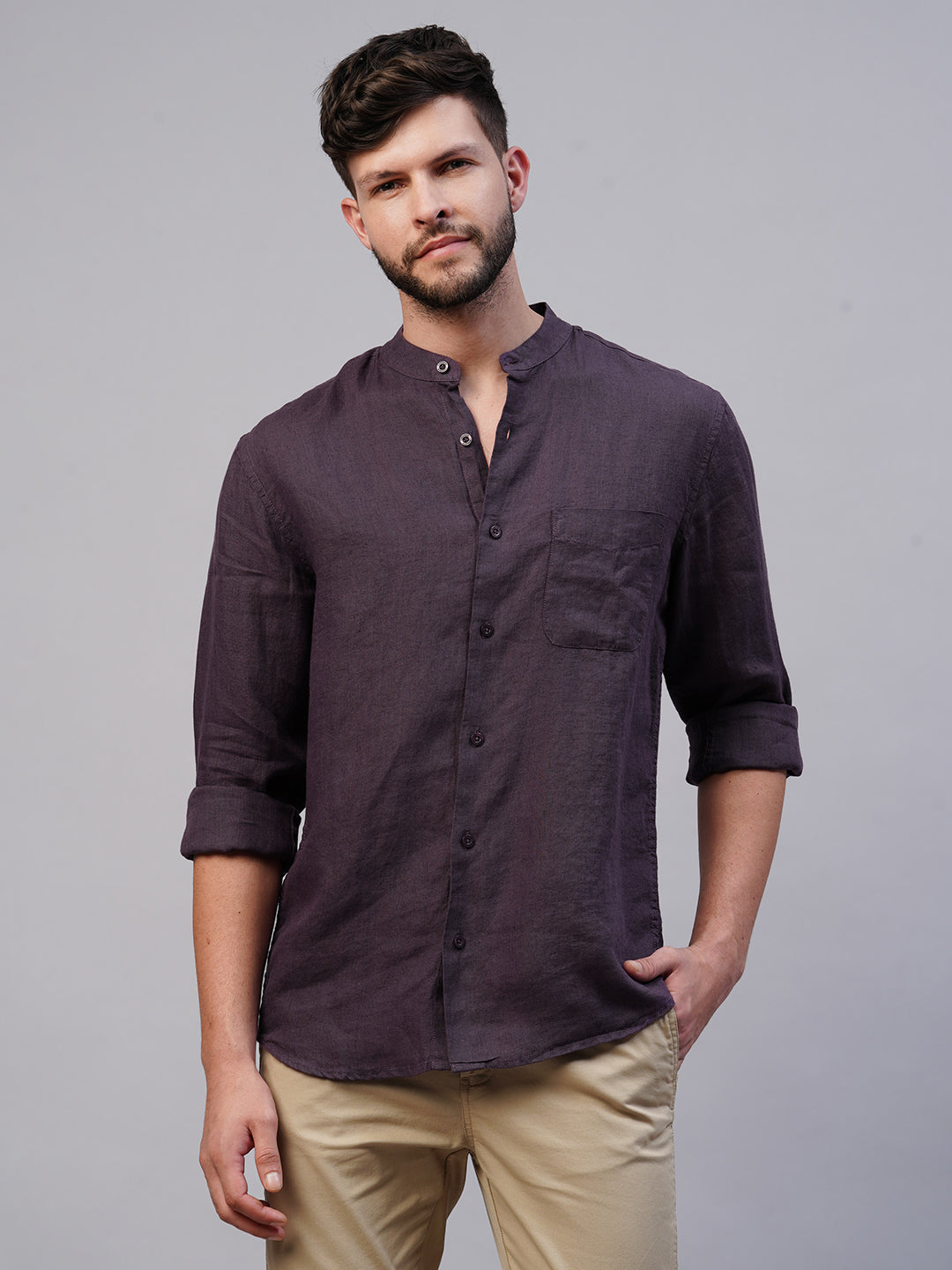 Men's 100% Linen Grape Regular Fit Mandarin Collar Long Sleeved Shirt