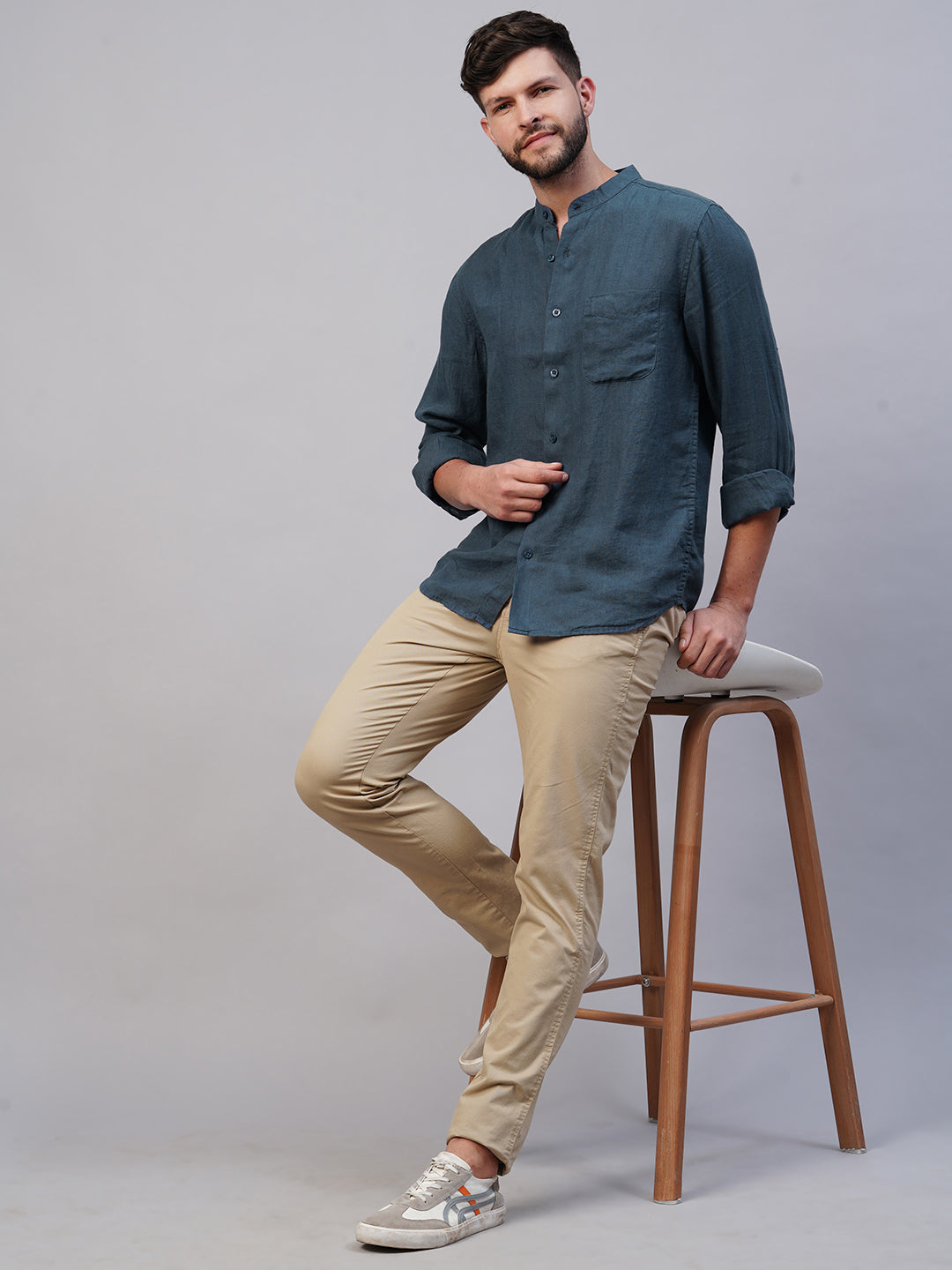 Men's 100% Linen Navy Regular Fit Mandarin Collar Long Sleeved Shirt