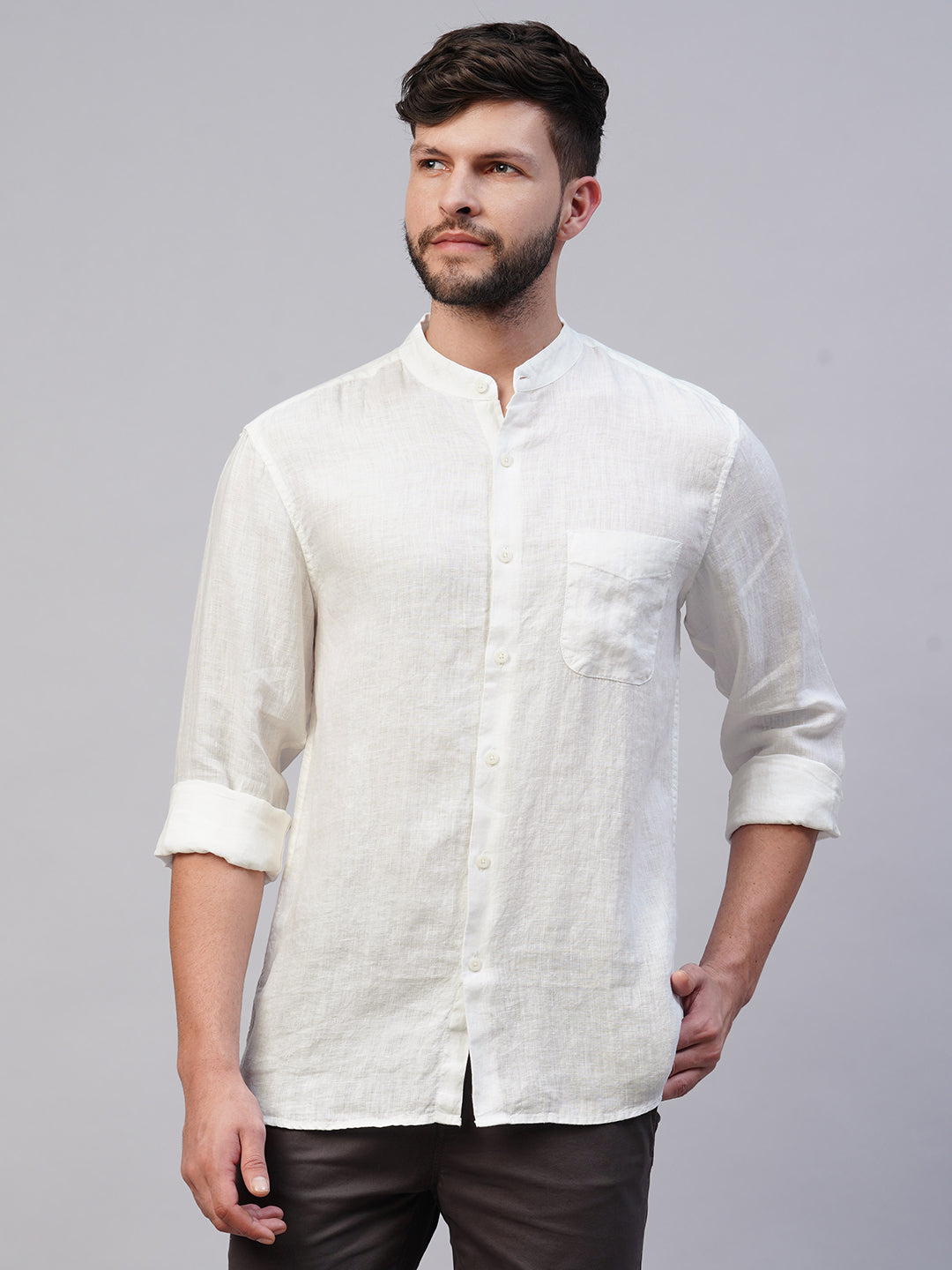 Men's 100% Linen White Regular Fit Mandarin Collar Long Sleeved Shirt