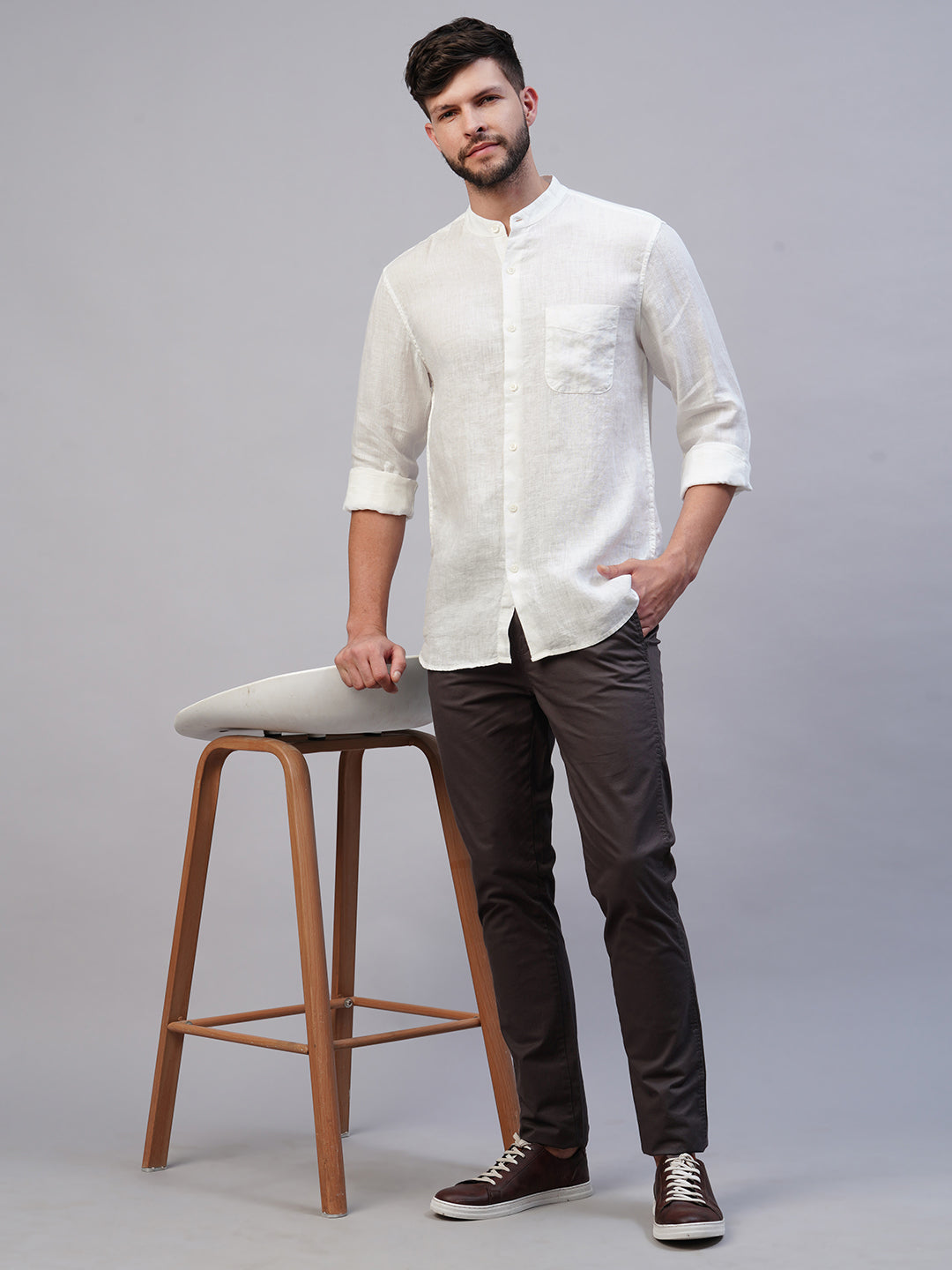 Men's White 100% Linen Regular Fit Mandarin Collar Long Sleeved Shirt