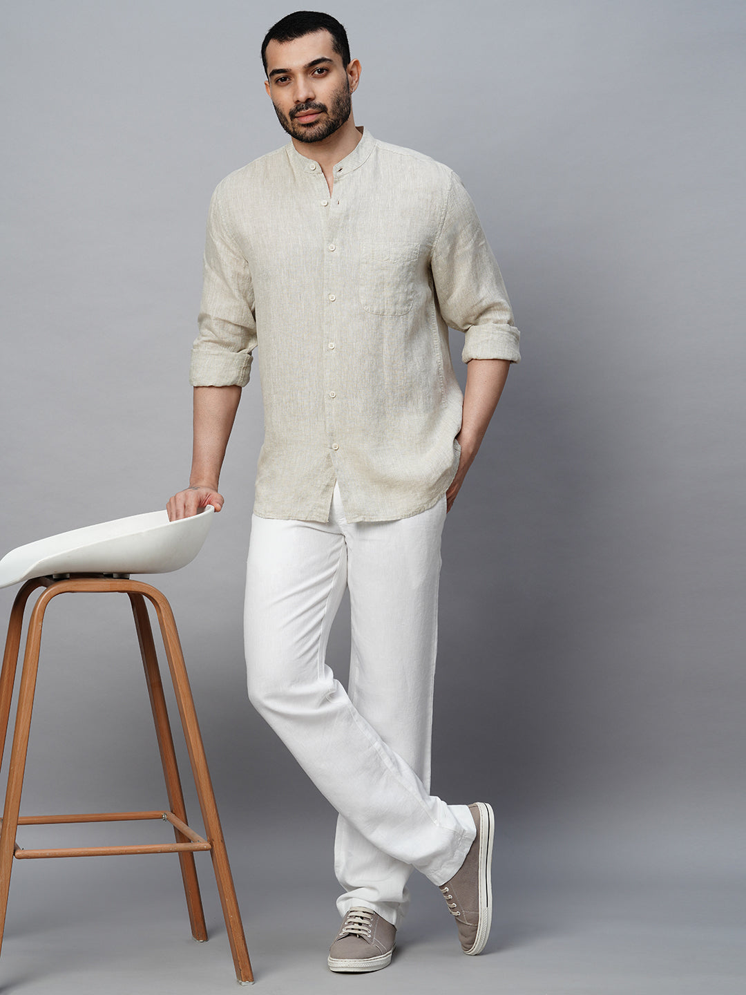 Men's 100% Linen Natural Regular Fit Mandarin Collar Shirt