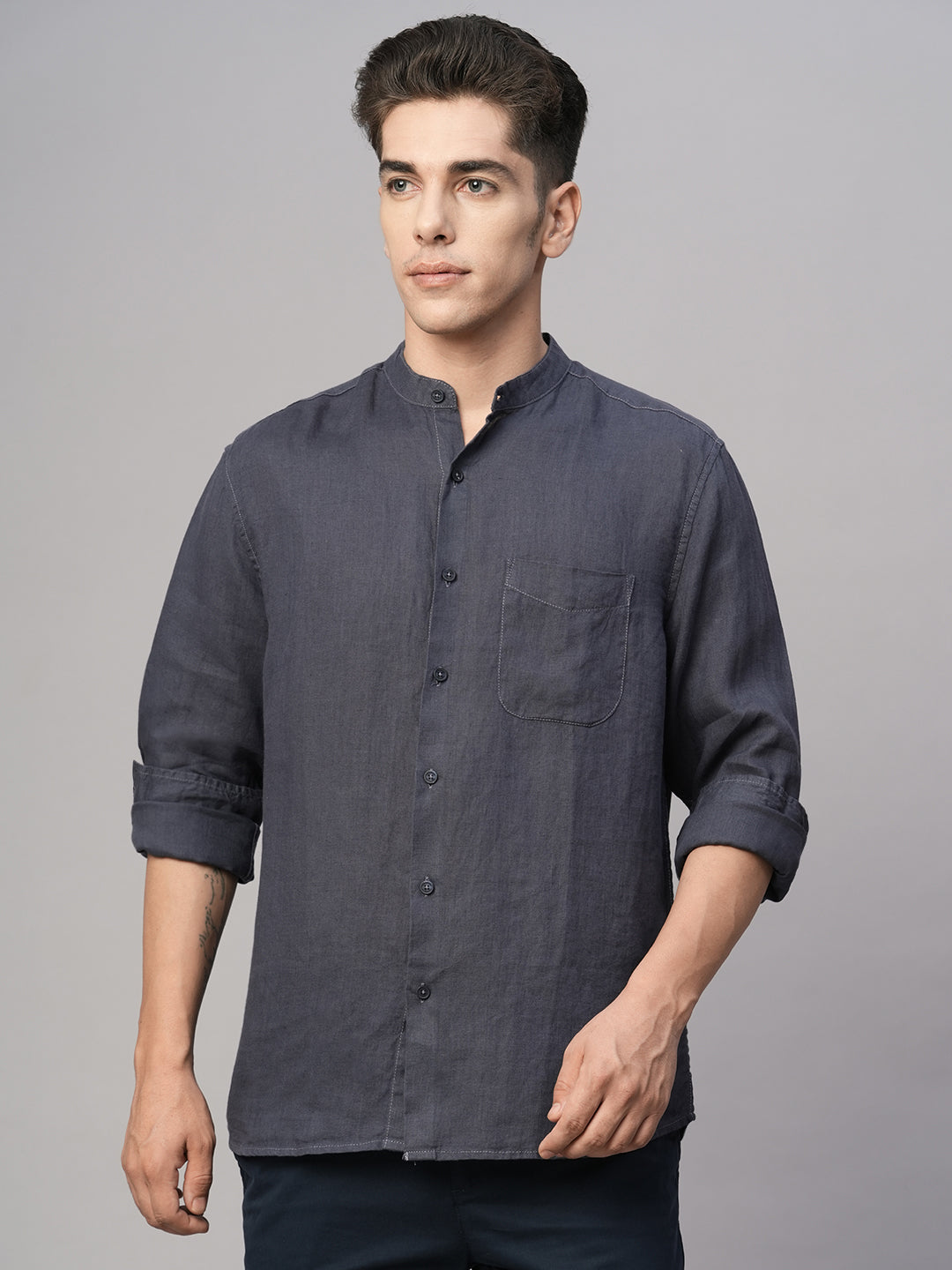 Men's Navy Linen Regular Fit Shirt