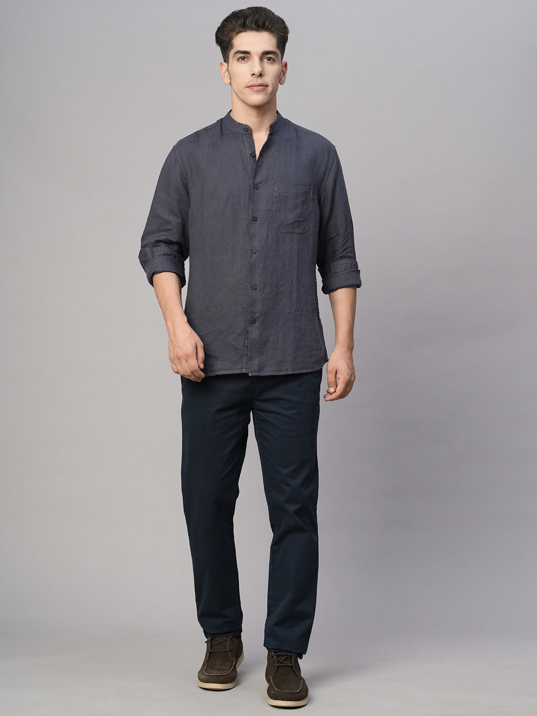 Men's Navy Linen Regular Fit Shirt