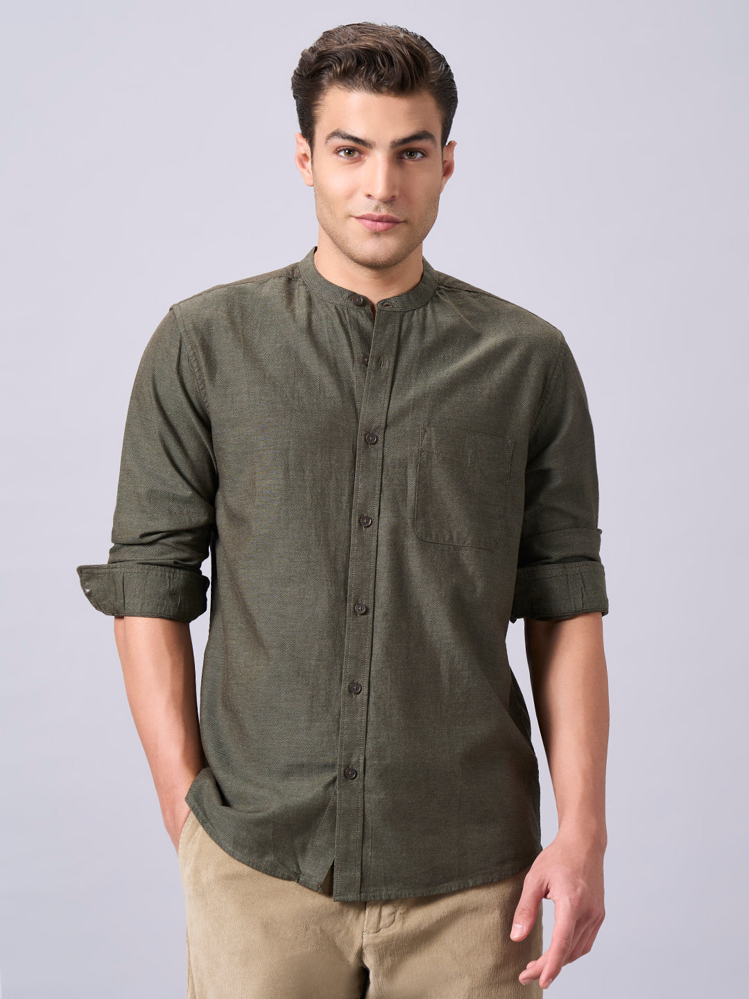 Men's Olive 100% Cotton Regular Fit Shirt