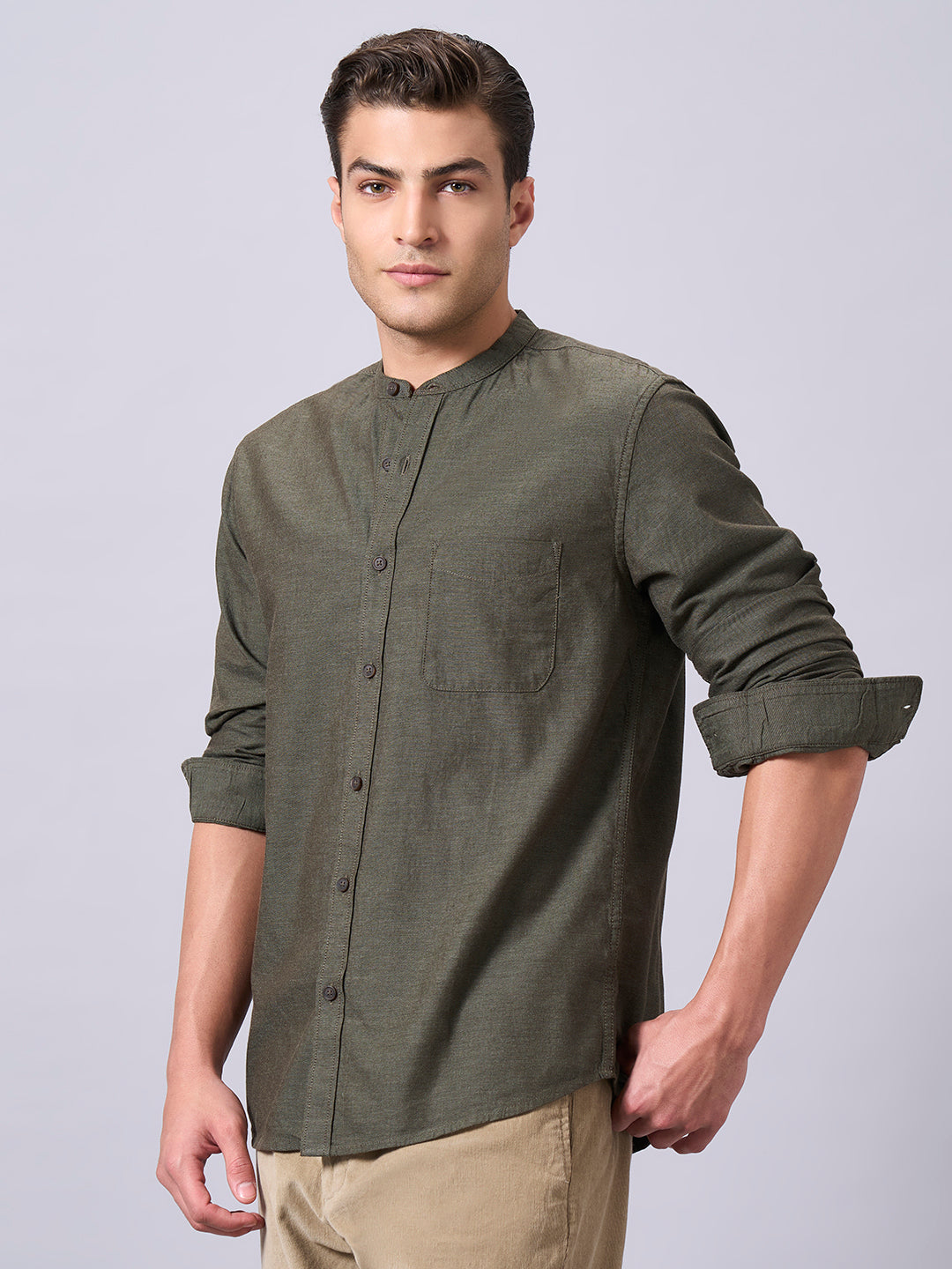 Men's Olive 100% Cotton Regular Fit Shirt