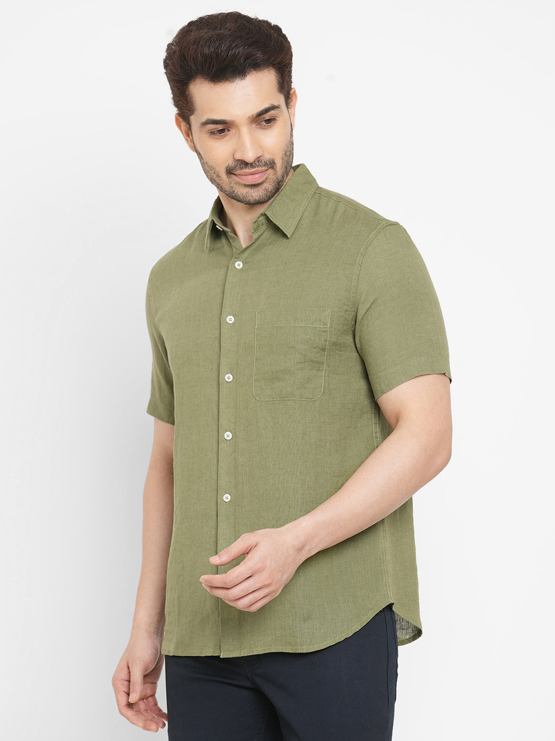 Men's 100% Linen Olive Regular Fit Short Sleeved Shirt