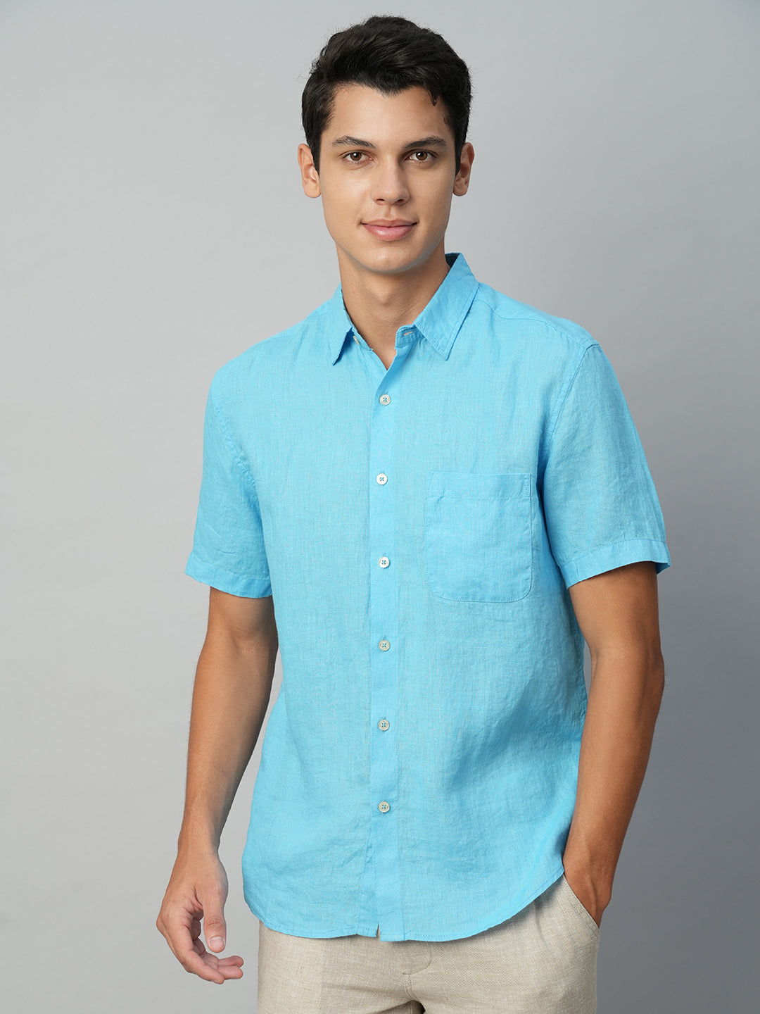 Men's 100% Linen Aqua Regular Fit Short Sleeve Shirt