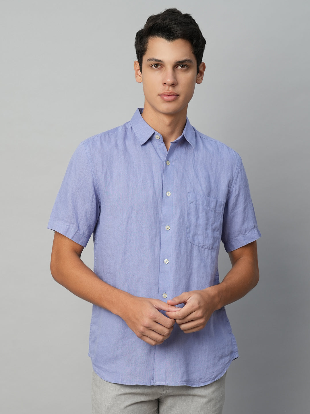 Men's 100% Linen Lilac Regular Fit Short Sleeve Shirt