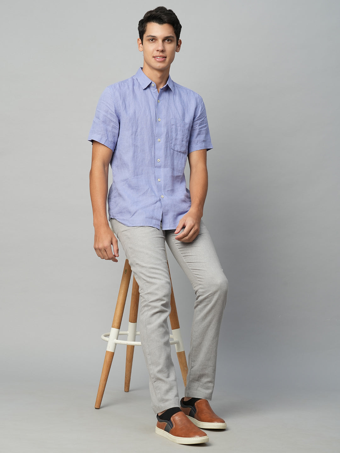 Men's 100% Linen Lilac Regular Fit Short Sleeve Shirt