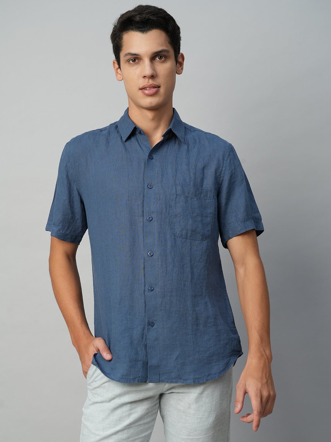 Men's 100% Linen Navy Blue Regular Fit Short Sleeve Shirt