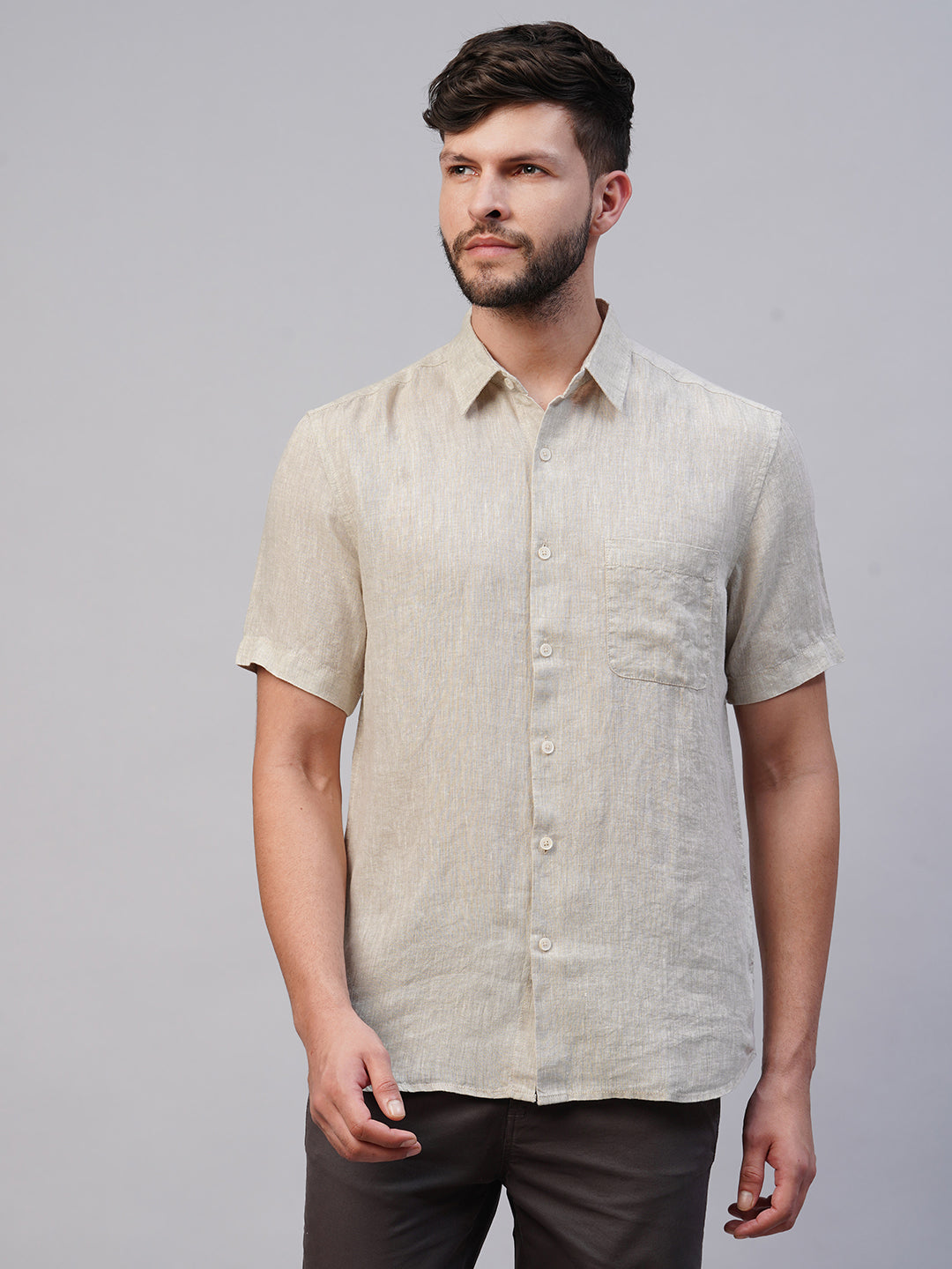 Men's 100% Linen Natural Regular Fit Short Sleeved Shirt