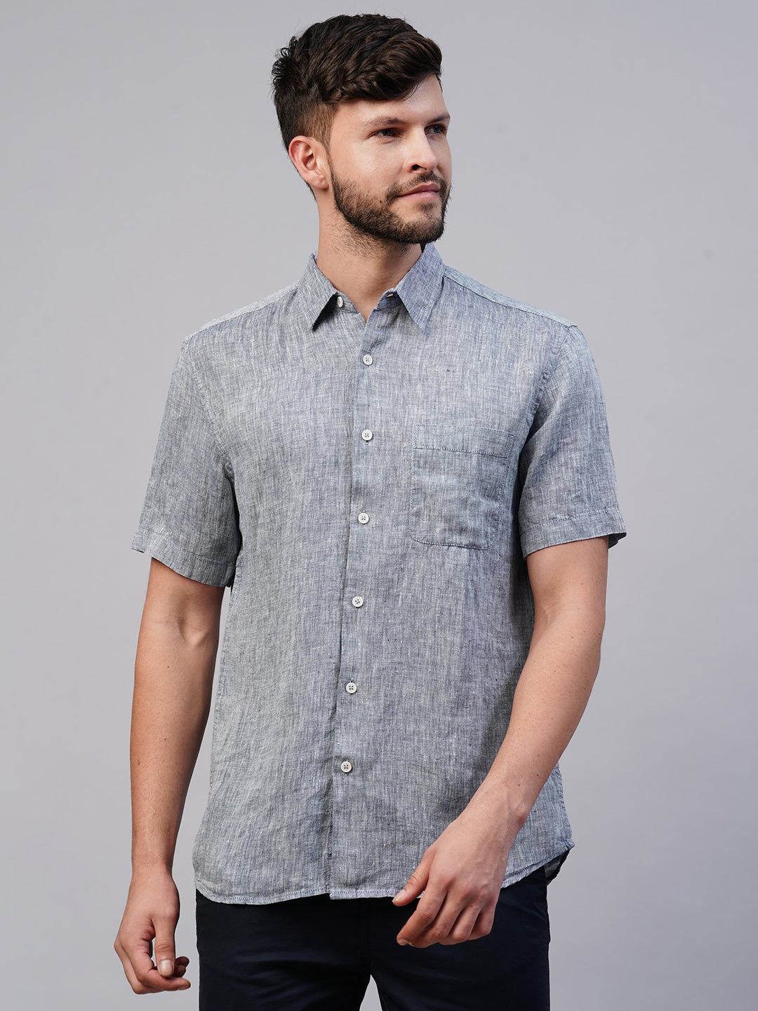 Men's 100% Linen Navy Regular Fit Short Sleeved Shirt