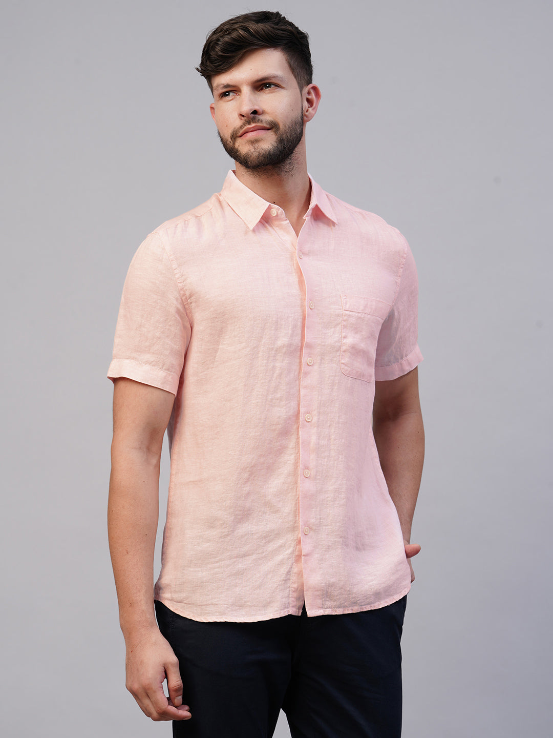 Men's 100% Linen Pink Regular Fit Short Sleeved Shirt