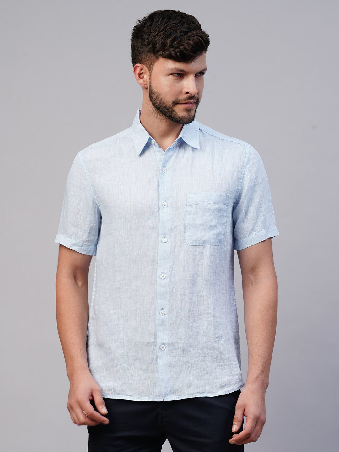 Men's 100% Linen Sky Blue Regular Fit Short Sleeved Shirt