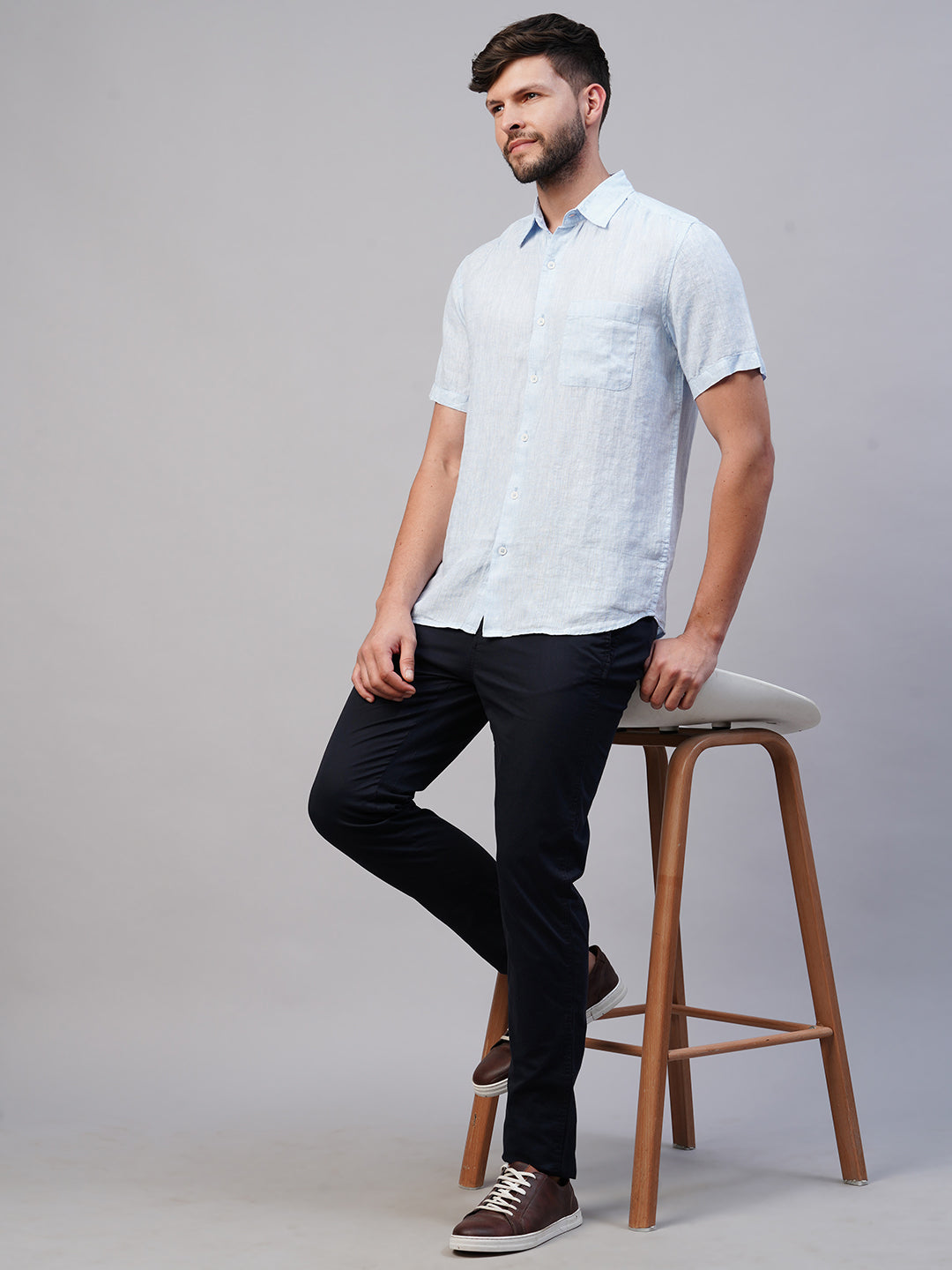 Men's 100% Linen Sky Regular Fit Short Sleeved Shirt