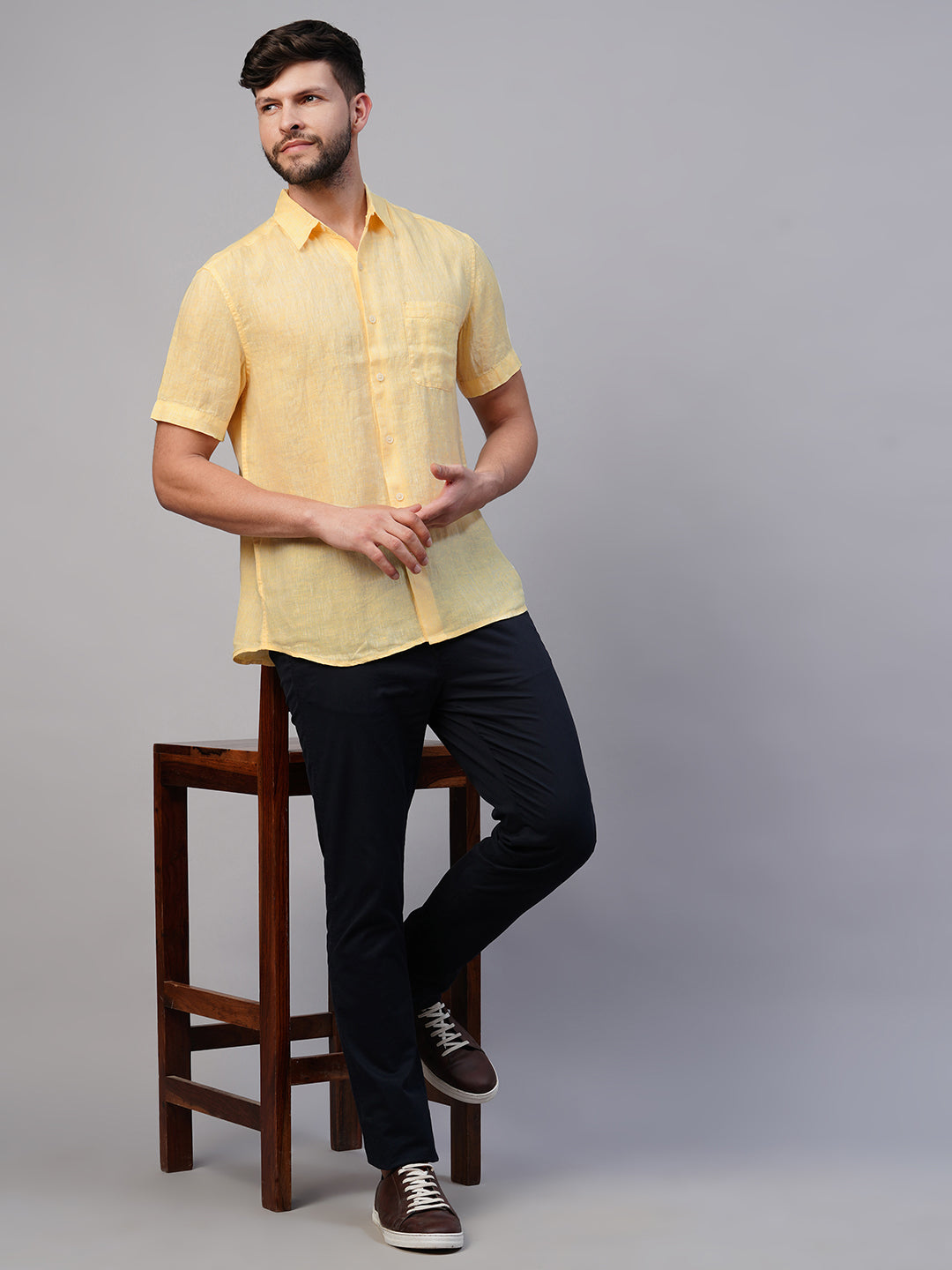 Men's 100% Linen Yellow Regular Fit Short Sleeved Shirt