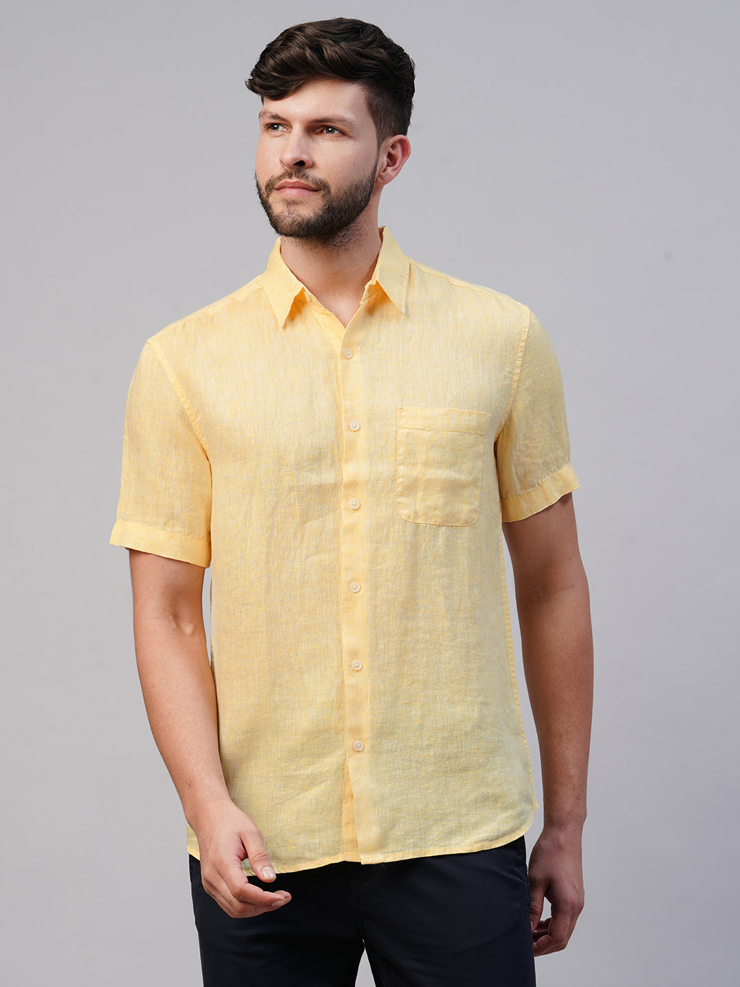 Men's 100% Linen Yellow Regular Fit Short Sleeved Shirt