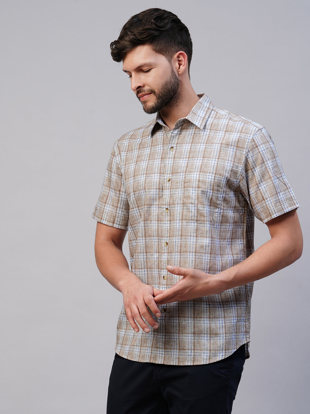 Men's Cotton Lyocell Khaki Regular Fit Shirt