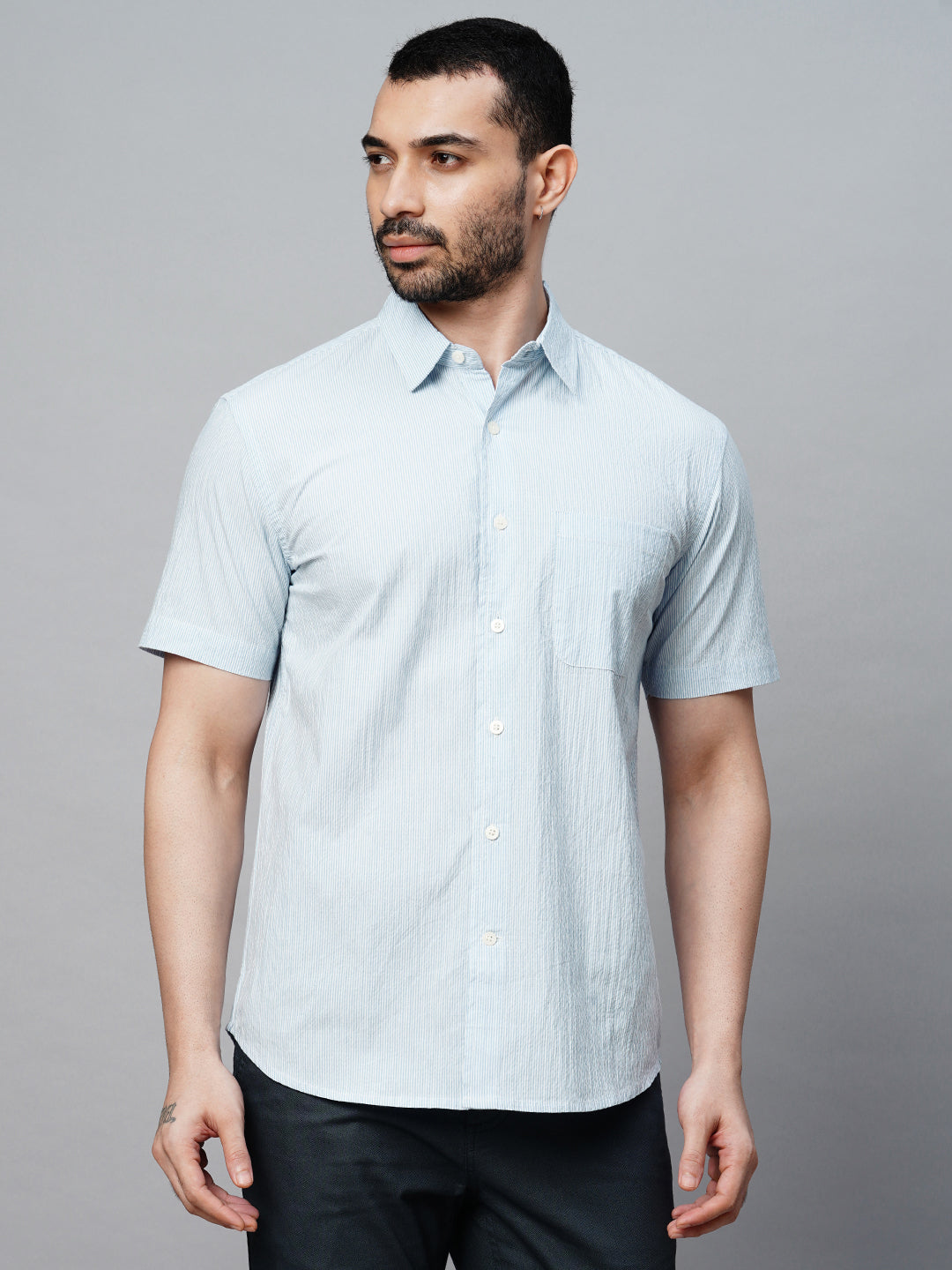 Men's Sky Cotton Lycra Regular Fit Striped Shirt