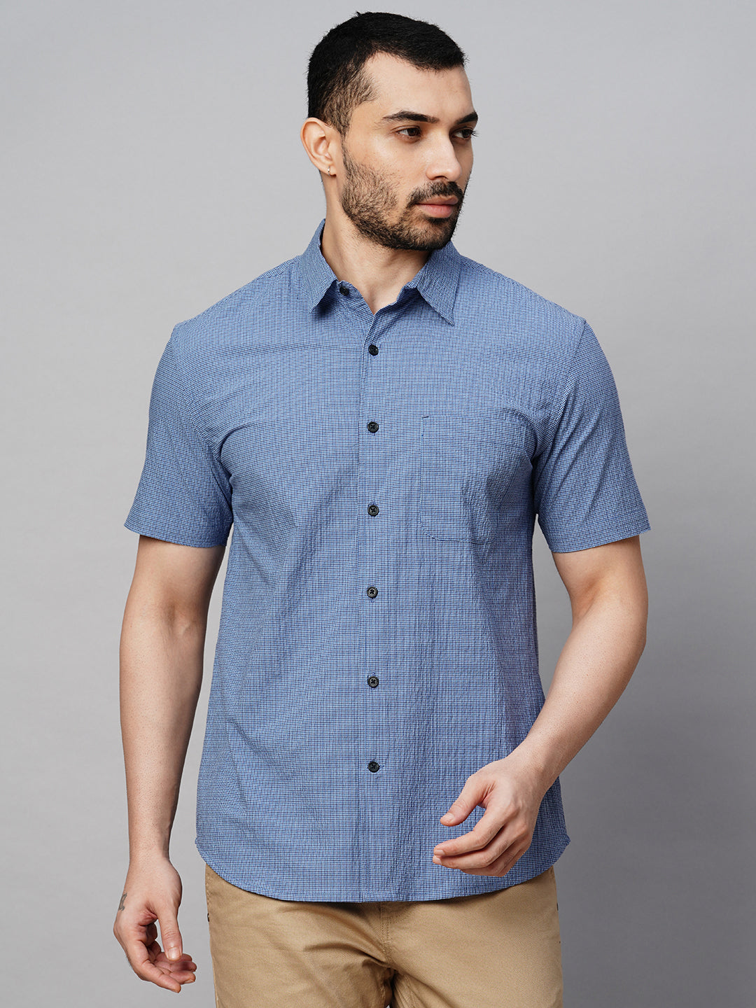 Men's Blue Cotton Lycra Regular Fit Shirt