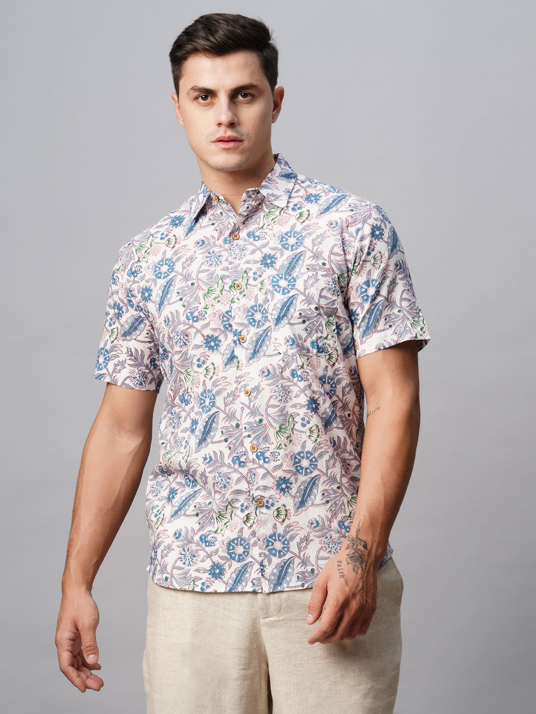 Men's Blue Cotton Regular Fit Printed Shirt