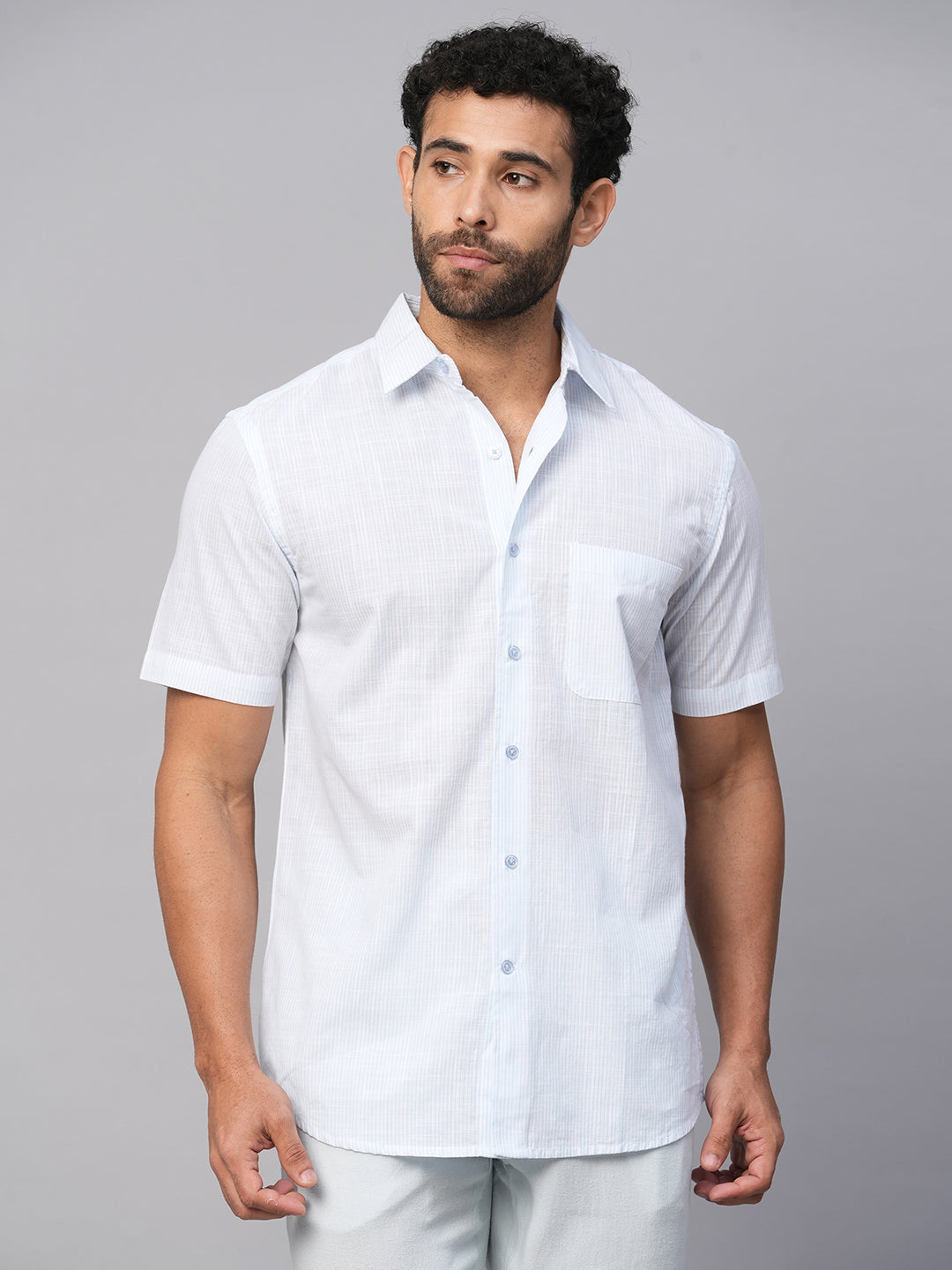 Men's White/Sky Cotton Regular Fit Striped Shirt