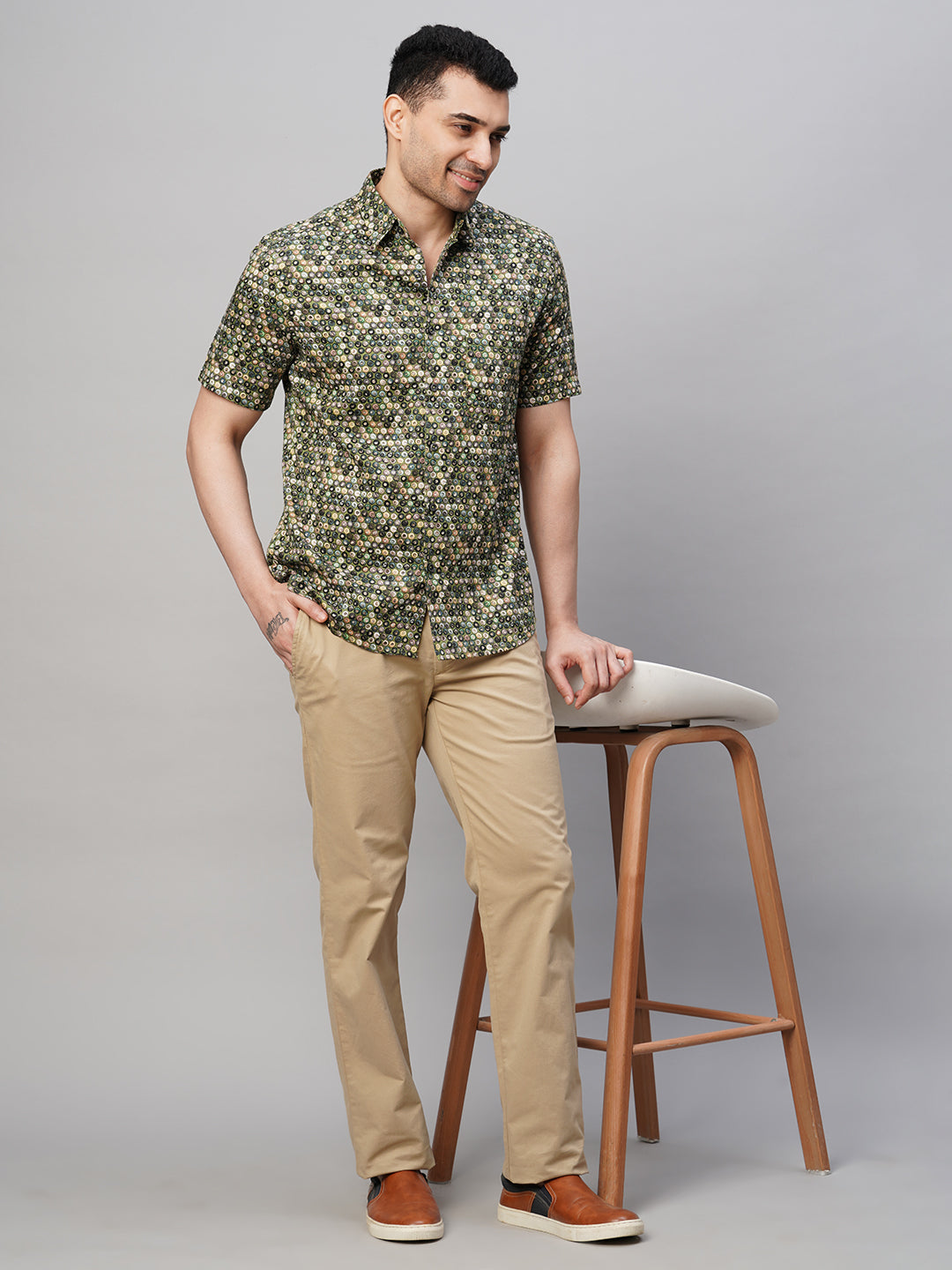 Men's Green Cotton Regular Fit Printed Shirt