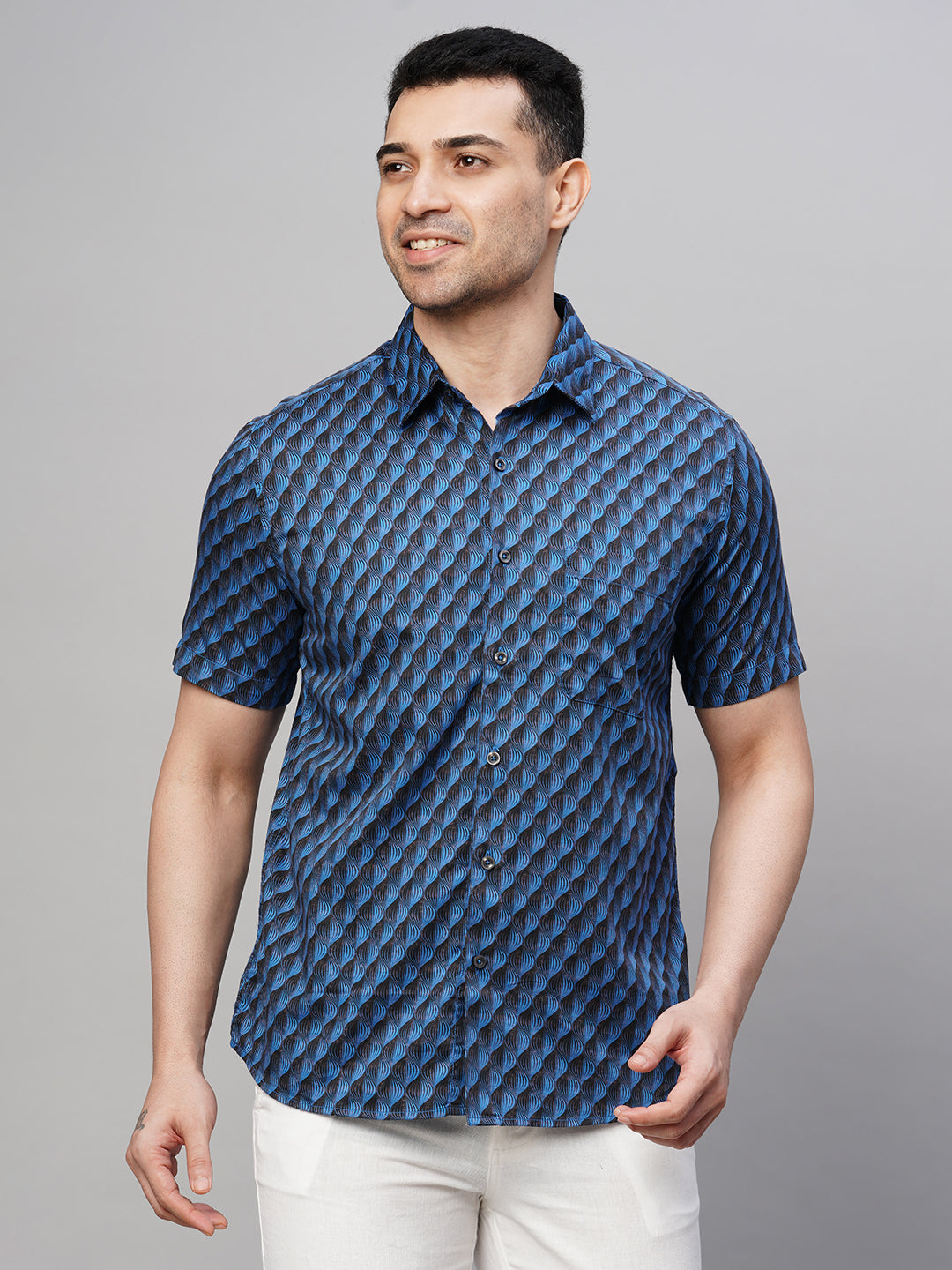 Men's Navy Cotton Regular Fit Printed Shirt