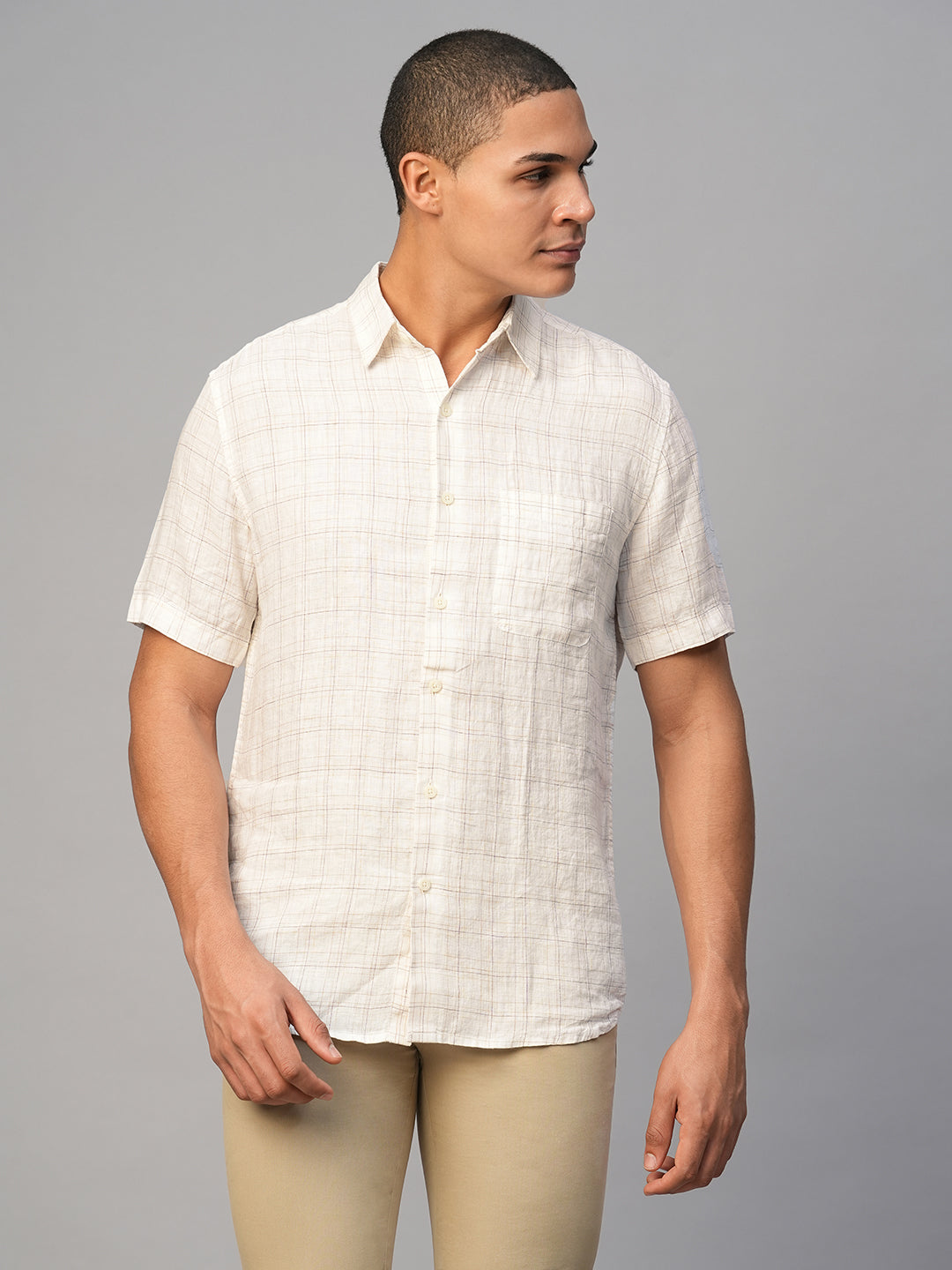 Men's White Linen Regular Fit Checked Shirt