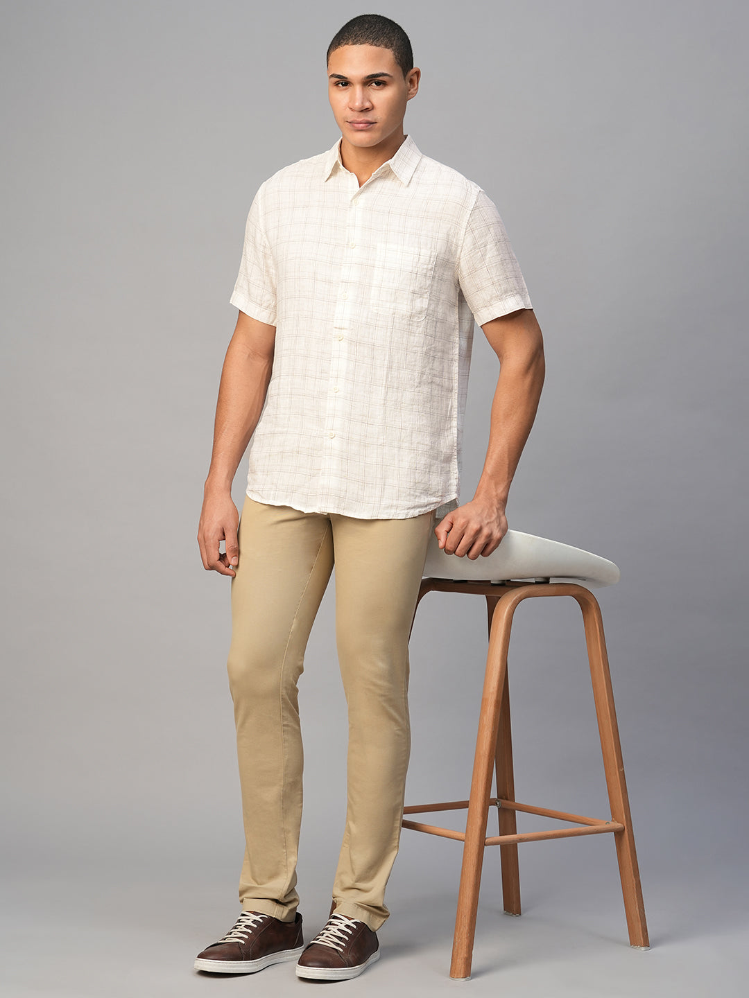 Men's White Linen Regular Fit Checked Shirt