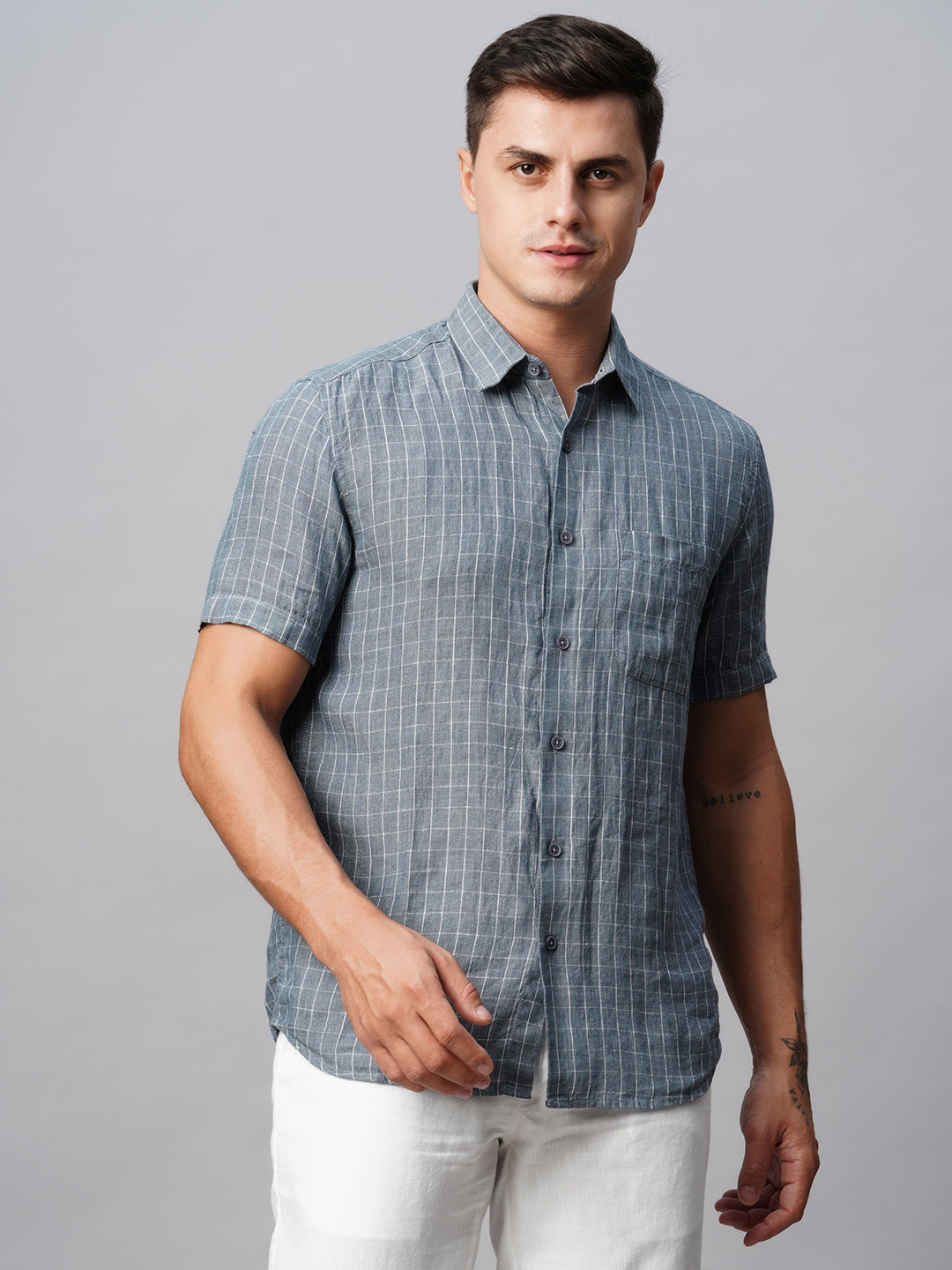 Men's 100% Linen Regular Fit Grey Checked Shirt