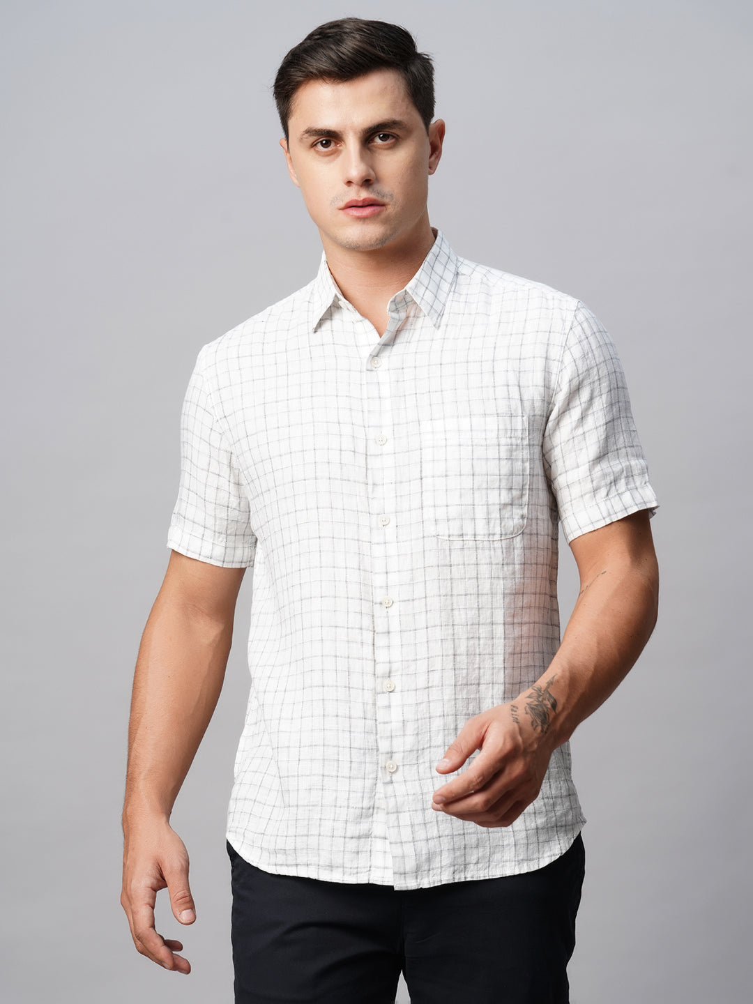 Men's 100% Linen Regular Fit White Checked Shirt