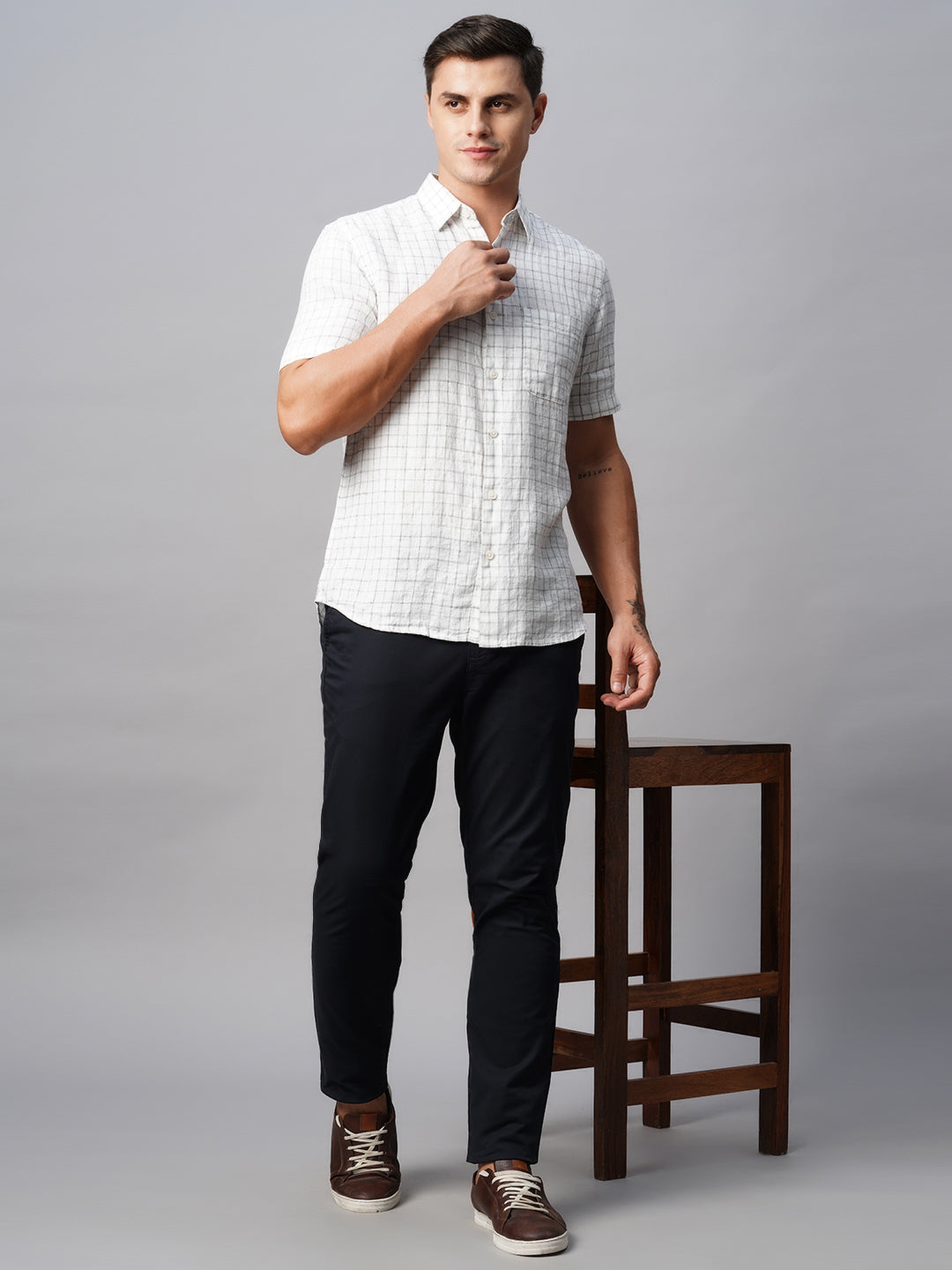 Men's 100% Linen Regular Fit White Checked Shirt