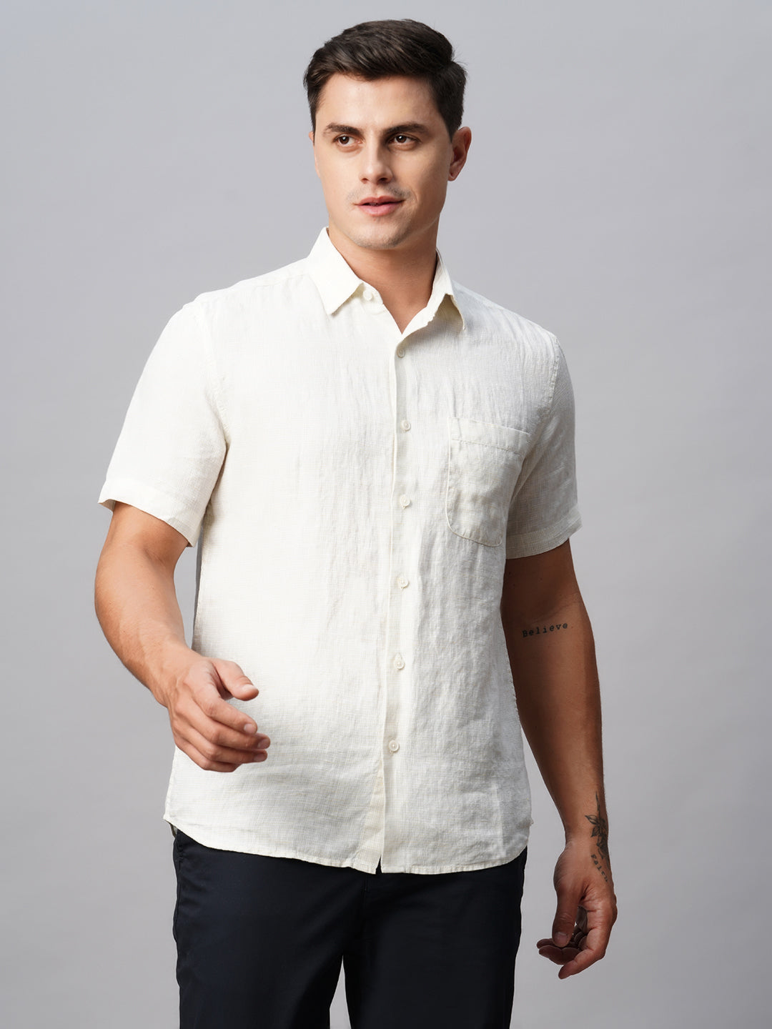 Men's Offwhite 100% Linen Regular Fit Striped Shirt