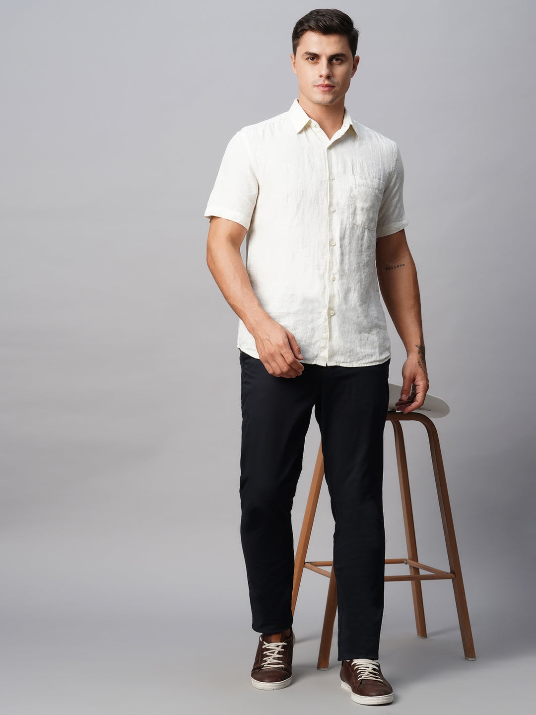 Men's Offwhite 100% Linen Regular Fit Striped Shirt