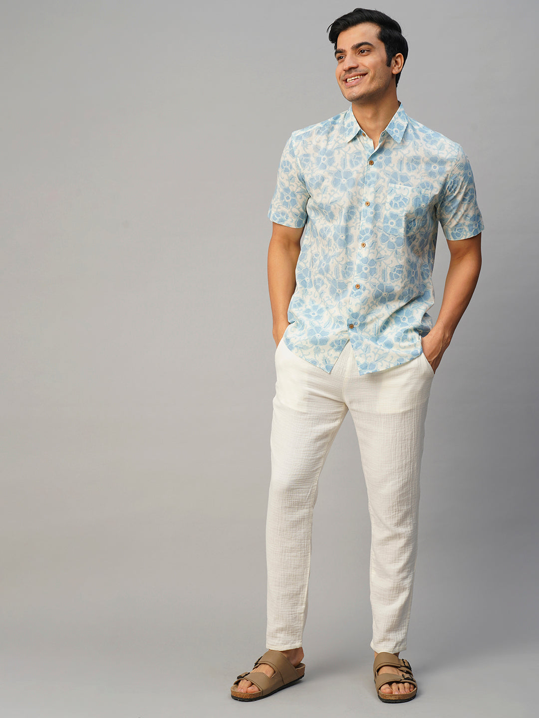 Men's Blue Cotton Regular Fit Printed Shirt