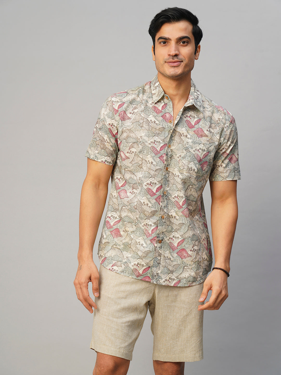 Men's Grey Cotton Regular Fit Printed Shirt