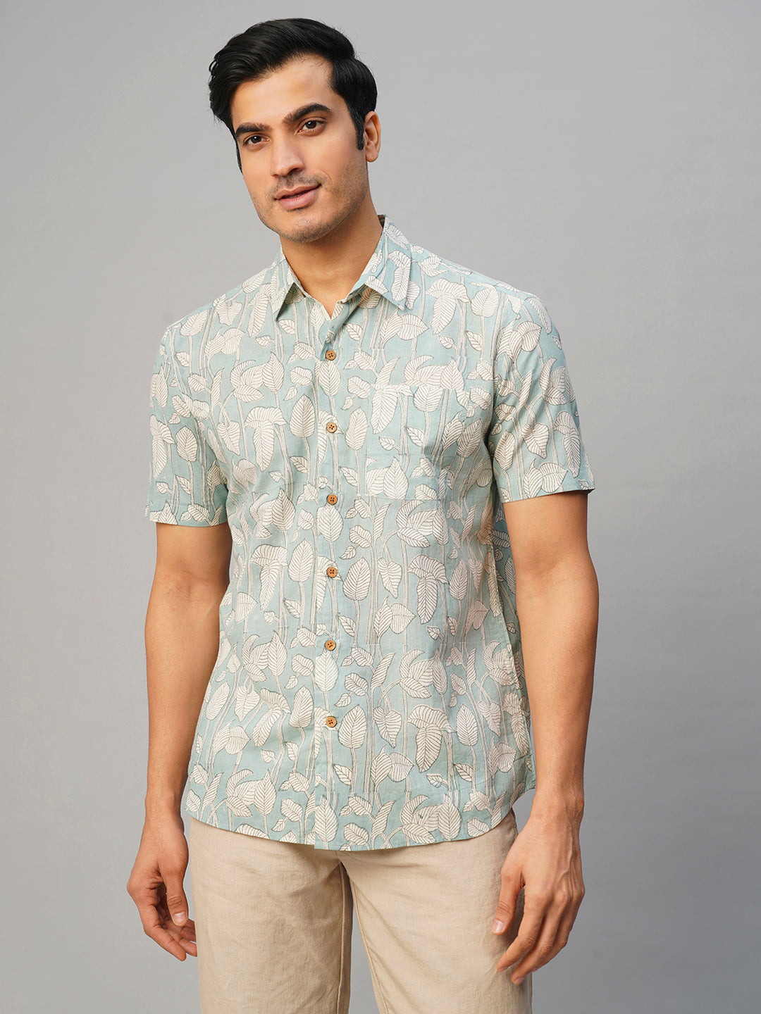 Men's Grey Cotton Regular Fit Printed Shirt