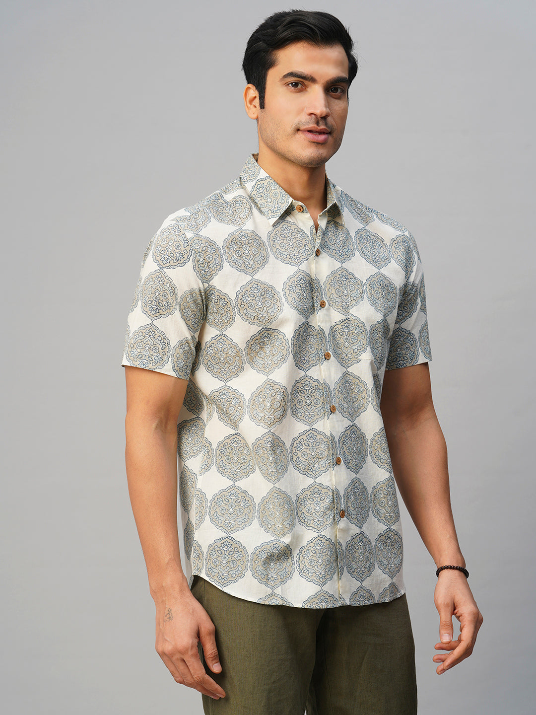 Men's Cotton Hand Block Printed Regular Fit Grey Shirt