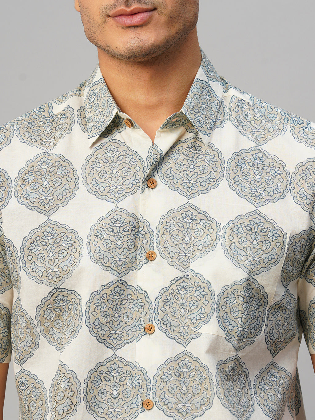 Men's Cotton Hand Block Printed Regular Fit Grey Shirt
