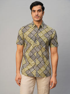 Men’s Cotton Regular Fit Batik Printed Shirt Olive Black