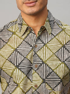 Men’s Cotton Regular Fit Batik Printed Shirt Olive Black