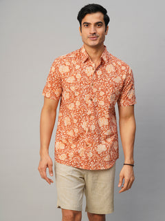 Men's Hand Block Printed Regular Fit Shirt Cotton Brown