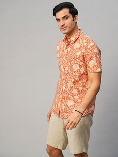 Men's Hand Block Printed Regular Fit Shirt Cotton Brown