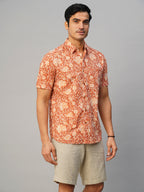 Men's Cotton Hand Block Printed Regular Fit Brown Shirt