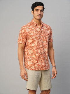 Men's Hand Block Printed Regular Fit Shirt Cotton Brown