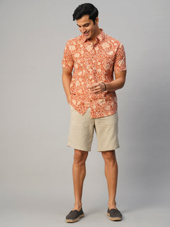 Men's Hand Block Printed Regular Fit Shirt Cotton Brown