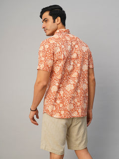 Men's Hand Block Printed Regular Fit Shirt Cotton Brown