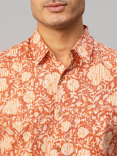 Men's Hand Block Printed Regular Fit Shirt Cotton Brown