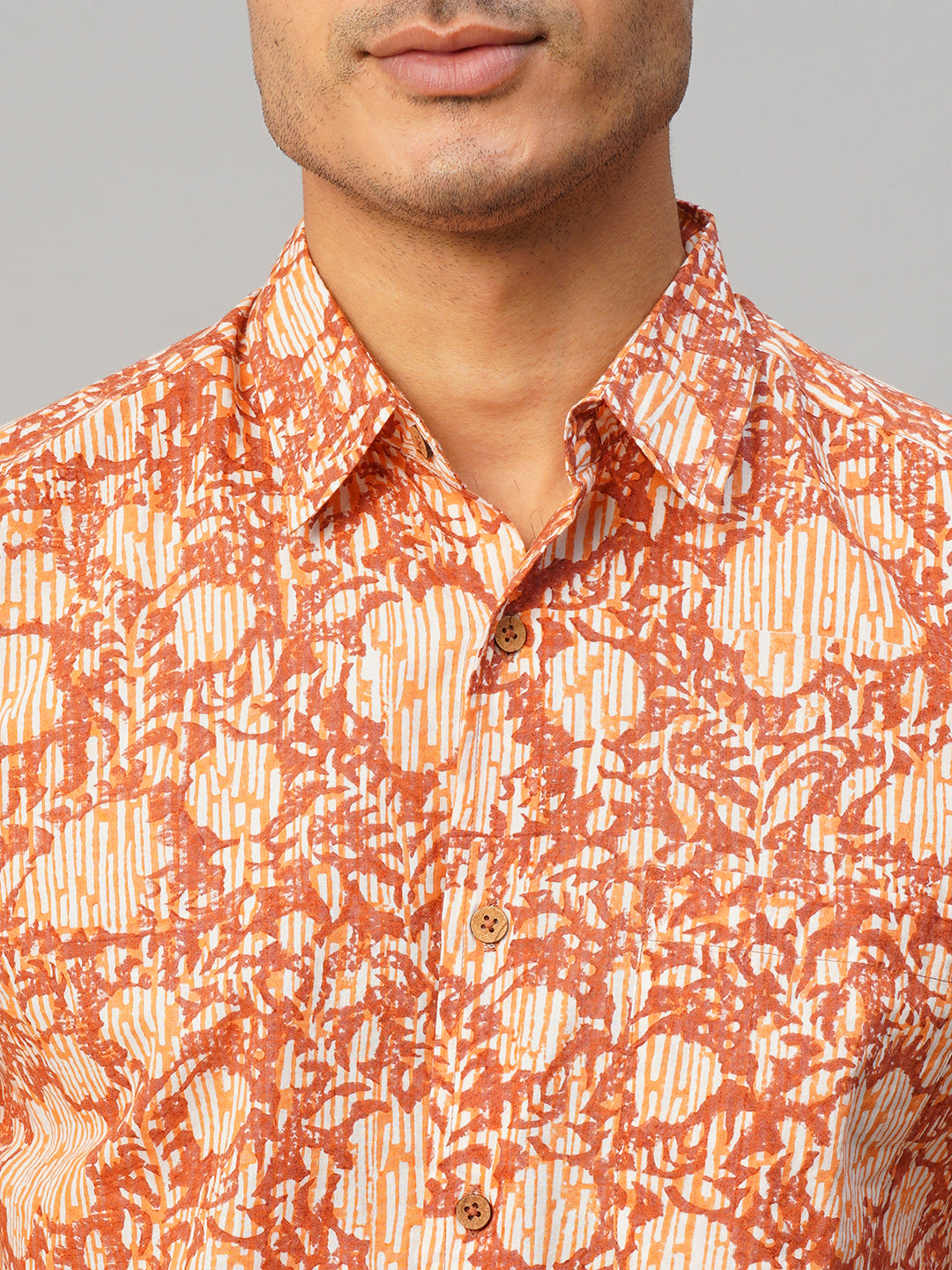 Men's Cotton Hand Block Printed Regular Fit Brown Shirt